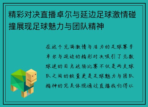 精彩对决直播卓尔与延边足球激情碰撞展现足球魅力与团队精神